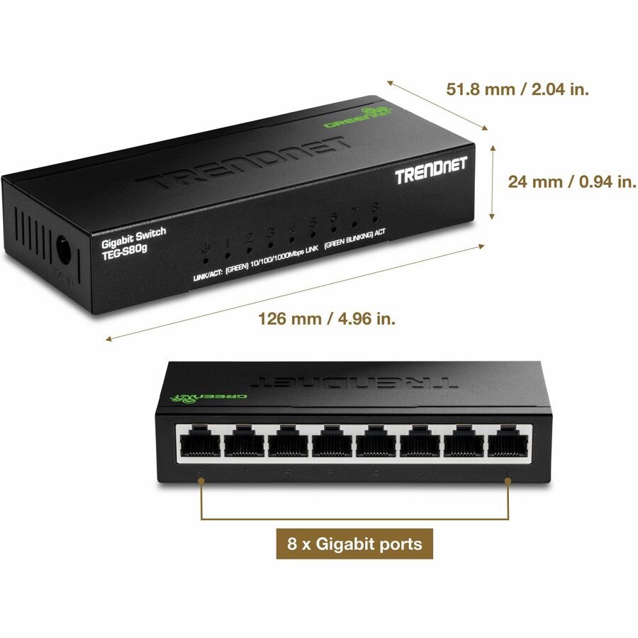 Alternate-Image5 Image for TRENDnet 8-Port Mini Gigabit Switch, TEG-S80g, GREENnet Technology, NDAA + TAA Compliant, Desktop Metal Ethernet Network Switch, 8 x Gigabit Ports, Fanless, Lifetime Protection, Black