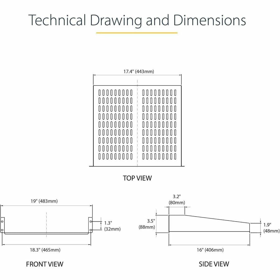 Alternate-Image6 Image for StarTech.com 2U 16in Universal Vented Rack Mount Cantilever Shelf - Fixed Server Rack Cabinet Shelf - 50lbs / 23kg