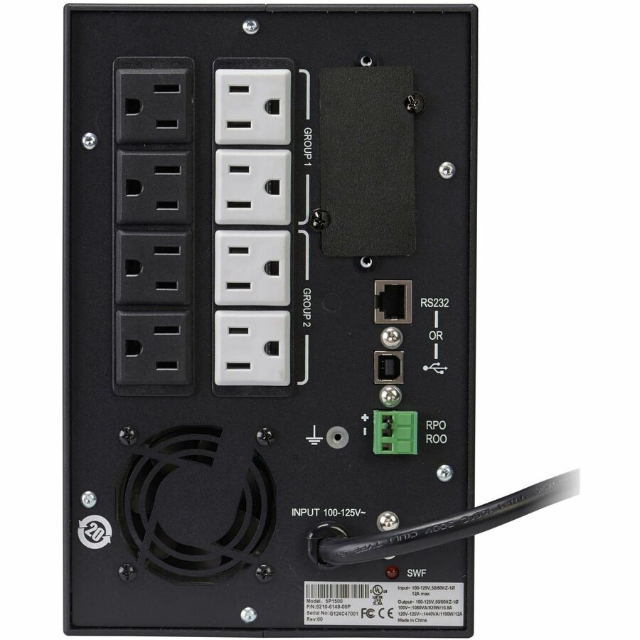 Rear Image for Eaton 5P 1440VA 1100W 120V Line-Interactive UPS, 5-15P, 8x 5-15R Outlets, True Sine Wave, Cybersecure Network Card Option, Tower