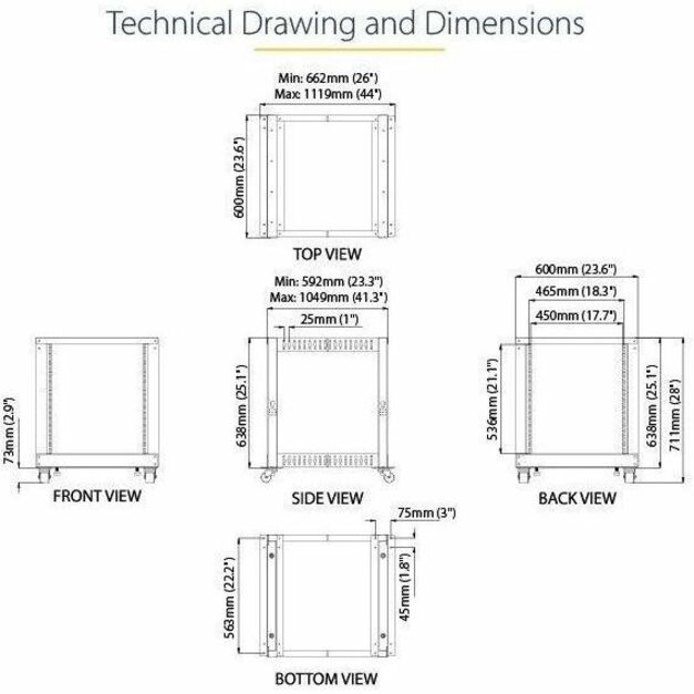 Alternate-Image7 Image for StarTech.com 4-Post 12U Mobile Open Frame Server Rack, 19" Network Rack with Casters, Rolling Rack for Computer/AV/Data/IT Equipment