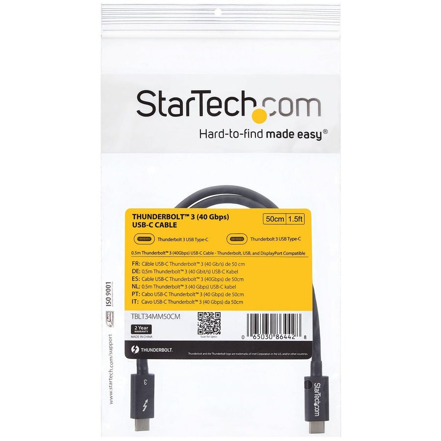 Alternate-Image5 Image for StarTech.com 50cm (1.6ft) Thunderbolt 3 Cable, 40Gbps, 100W PD, 4K/5K Video, Thunderbolt-Certified, Compatible w/ TB4/USB 3.2/DisplayPort