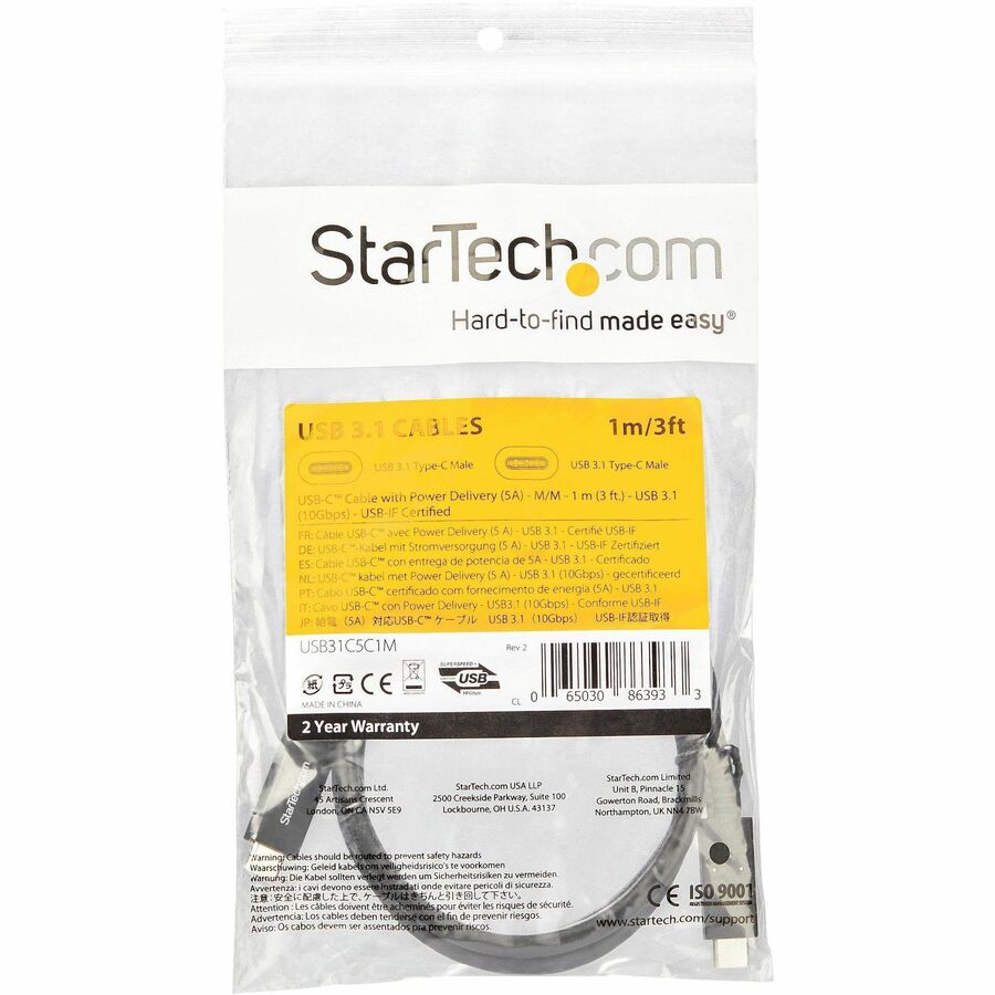 Alternate-Image4 Image for StarTech.com 1m 3 ft USB C Cable with Power Delivery (5A) - M/M - USB 3.1 (10Gbps) - USB-IF Certified - USB Type C Cable - USB 3.2 Gen 2