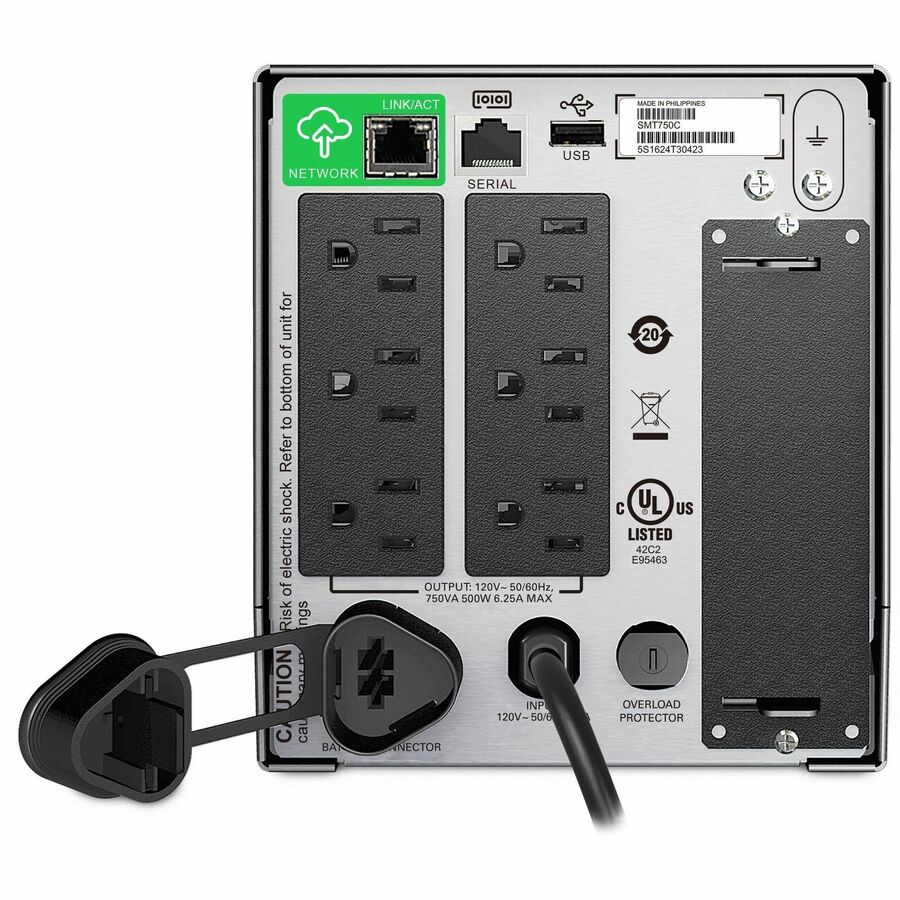 Rear Image for APC Smart-UPS, Line Interactive, 750VA, Tower, 120V, 6x NEMA 5-15R outlets, SmartConnect Port+SmartSlot, AVR, LCD