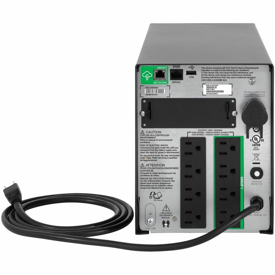 Rear Image for APC Smart-UPS, Line Interactive, 1500VA, Tower, 120V, 8x NEMA 5-15R outlets, SmartConnect Port+SmartSlot, AVR, LCD