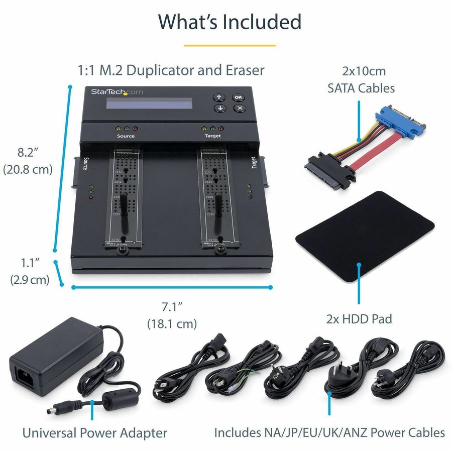 Alternate-Image5 Image for StarTech.com Standalone Dual Bay M.2 SATA/NVMe Duplicator/Eraser, HDD/SSD Cloner/Wiper, M.2 PCIe/AHCI, Hard Drive Sanitizer/Copier, TAA