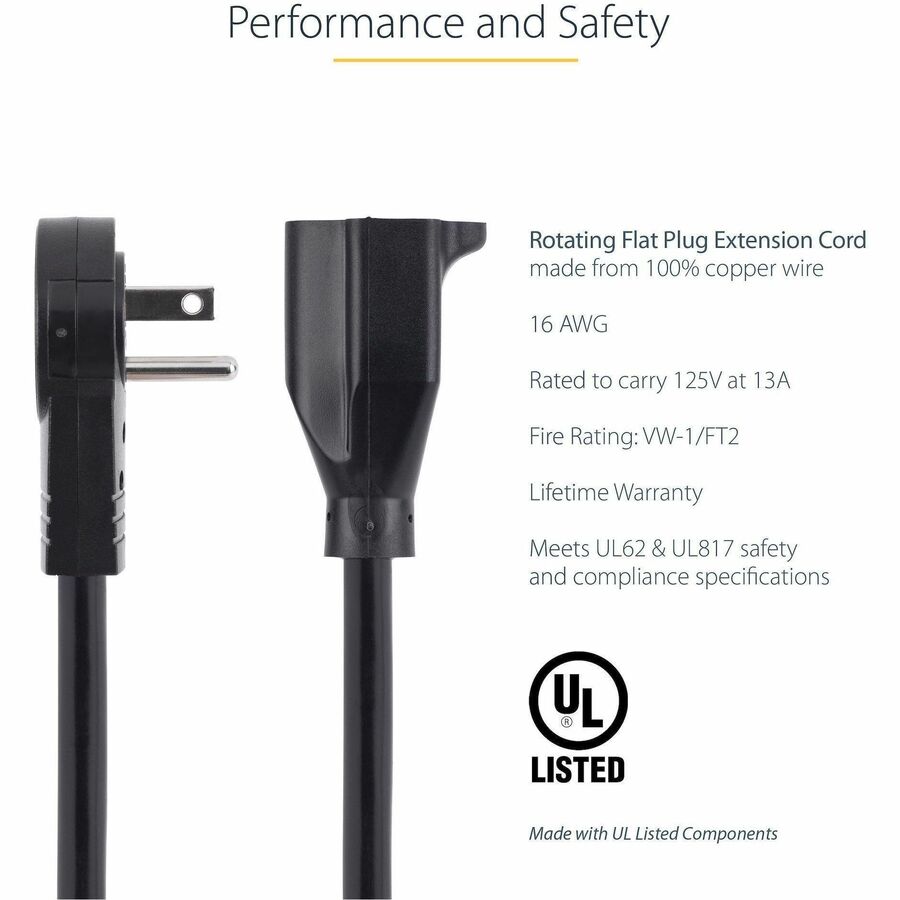 Alternate-Image5 Image for StarTech.com 6ft Power Extension Cord, Rotating Flat Plug Extension Cord, NEMA 5-15P to NEMA 5-15R Cable, 16 AWG, 125V/15A, UL Certified