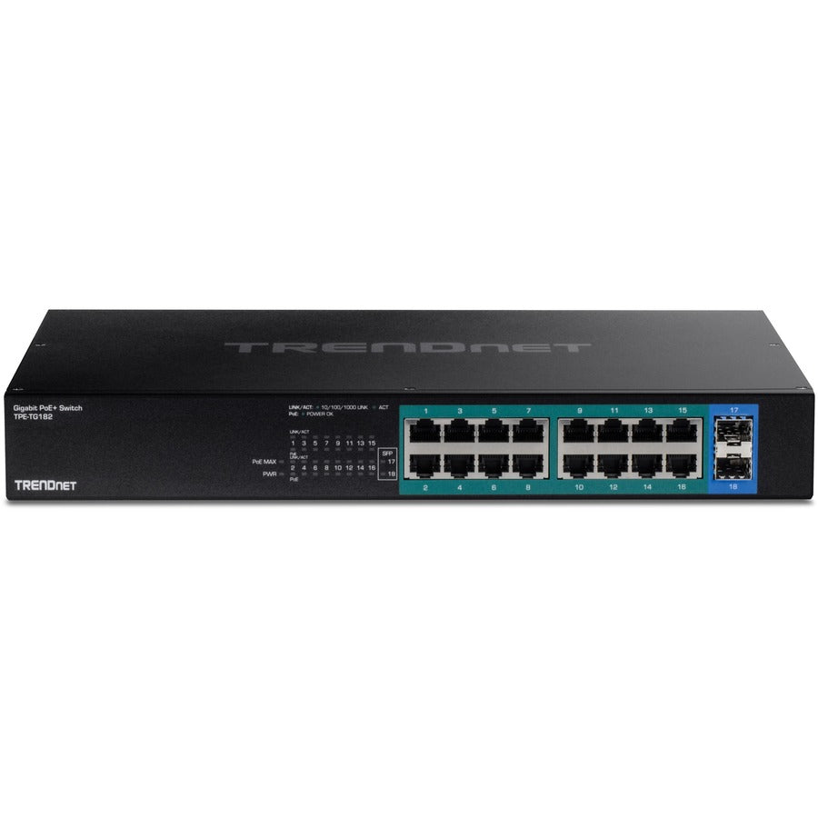 Alternate-Image3 Image for TRENDnet 18-Port Gigabit PoE+ Switch, 16 x 30W PoE+ Ports, 2 Gigabit SFP Slots, 240W PoE Budget, 36Gbps Switching Capacity, 1U 19" Rack Mountable, Lifetime Protection, Black, TPE-TG182