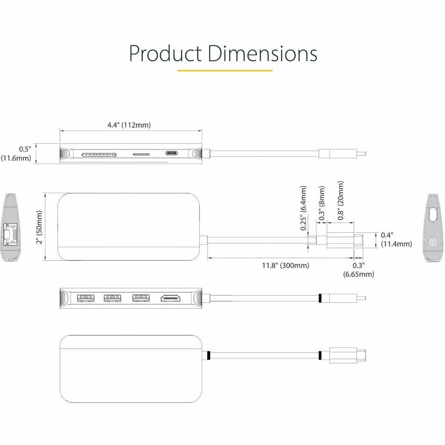 Alternate-Image7 Image for StarTech.com USB C Multiport Adapter, 4K 60Hz HDMI HDR10 Video, 3 Port 5Gbps USB-A Hub, 100W PD Pass-Through, GbE, SD/MicroSD, Mini Dock