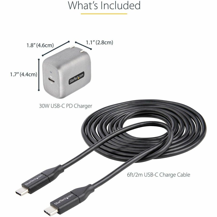 Alternate-Image5 Image for StarTech.com 30W USB-C Wall Charger, Portable GaN Charger w/ USB Power Delivery Fast Charging, USB-IF Certified, 6ft Cable, USB-C Charger