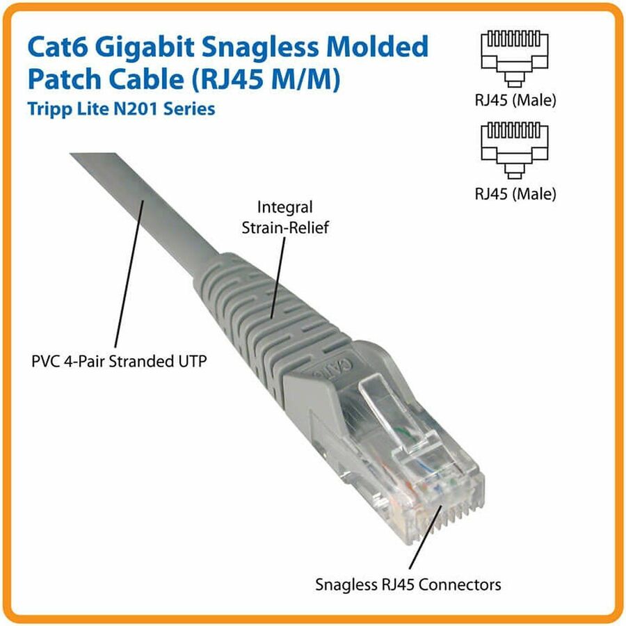 Alternate-Image1 Image for Eaton Tripp Lite Series Cat6 Gigabit Snagless Molded (UTP) Ethernet Cable (RJ45 M/M), PoE, Black, 25 ft. (7.62 m)