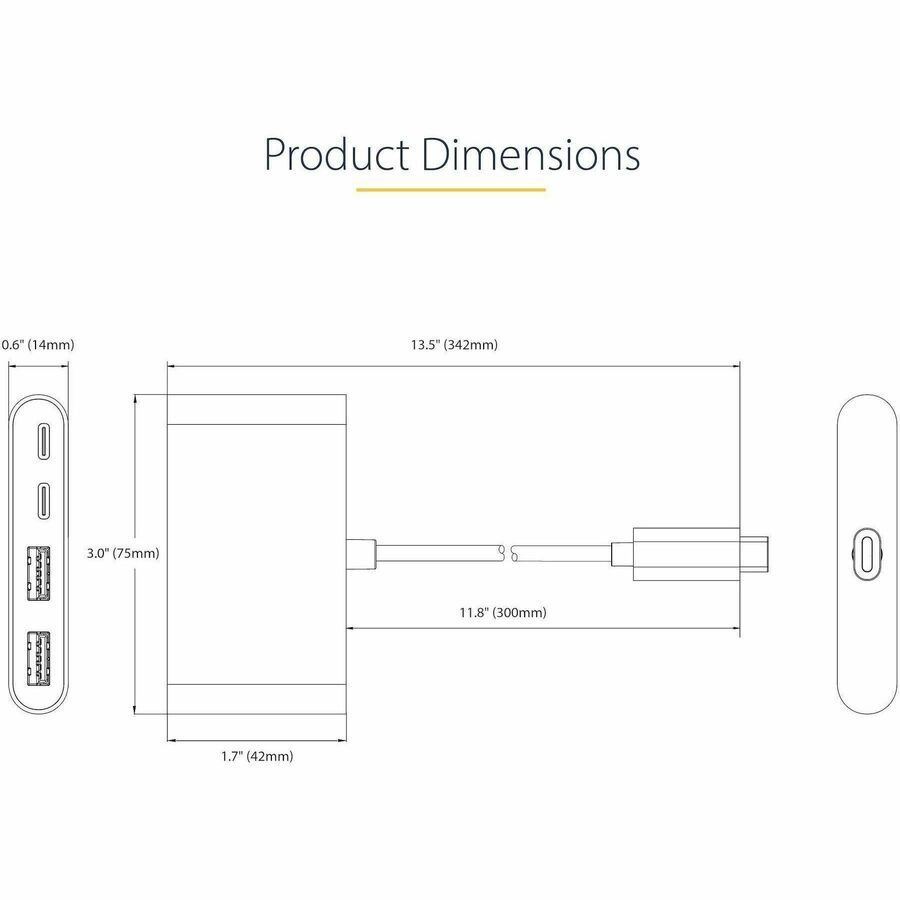Alternate-Image2 Image for StarTech.com 4-Port USB-C Hub with 100W Power Delivery Pass-Through, 2x USB-A + 2x USB-C, 5Gbps, 1ft/30cm Long Cable, Portable USB 3.0 Hub