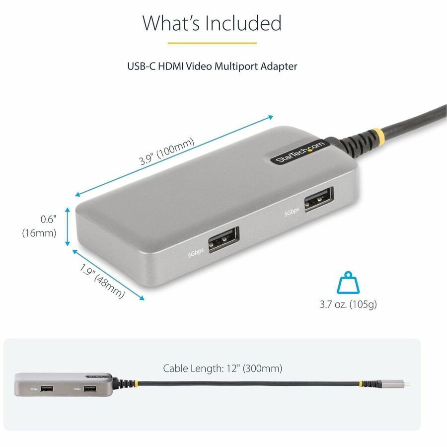 Alternate-Image6 Image for StarTech.com USB-C Multiport Adapter, 4K60Hz HDMI, HDR, 2-Port 5Gbps USB Hub, 100W PD Pass-Through, GbE, Mini Dock, Windows/macOS/ChromeOS