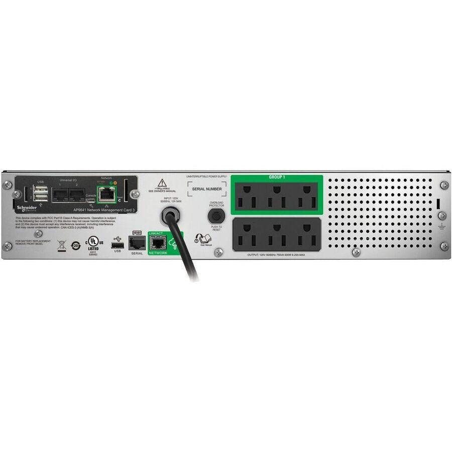 Rear Image for APC Smart-UPS, Line Interactive, 750VA, Rackmount 2U, 120V, 6x NEMA 5-15R outlets, SmartConnect Port+Network Card, AVR, LCD