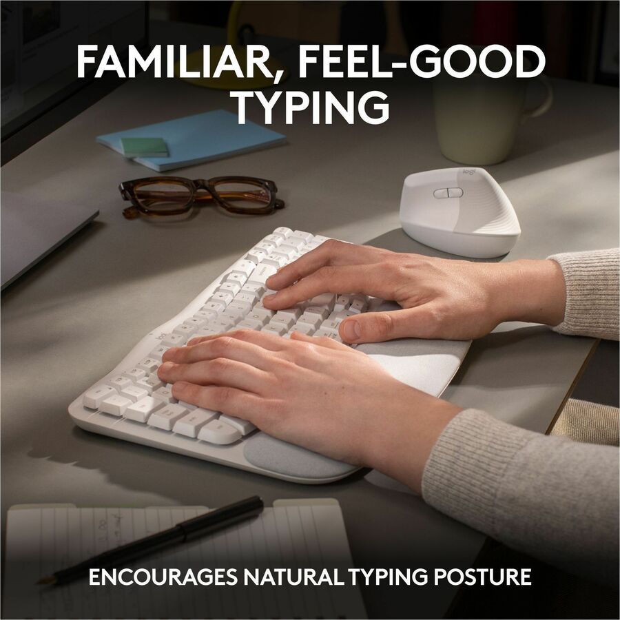 Life-Style Image for Logitech Wave Keys Wireless Ergonomic Keyboard with Cushioned Palm Rest, Comfortable Natural Typing, Easy-Switch, Off White