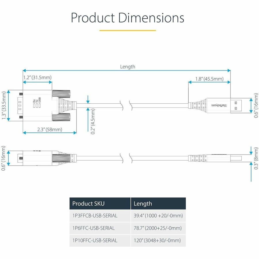Alternate-Image7 Image for StarTech.com 10ft (3m) USB to Serial Adapter Cable, COM Retention, FTDI, DB9 RS232, Interchangeable DB9 Screws/Nuts, Windows/macOS/Linux