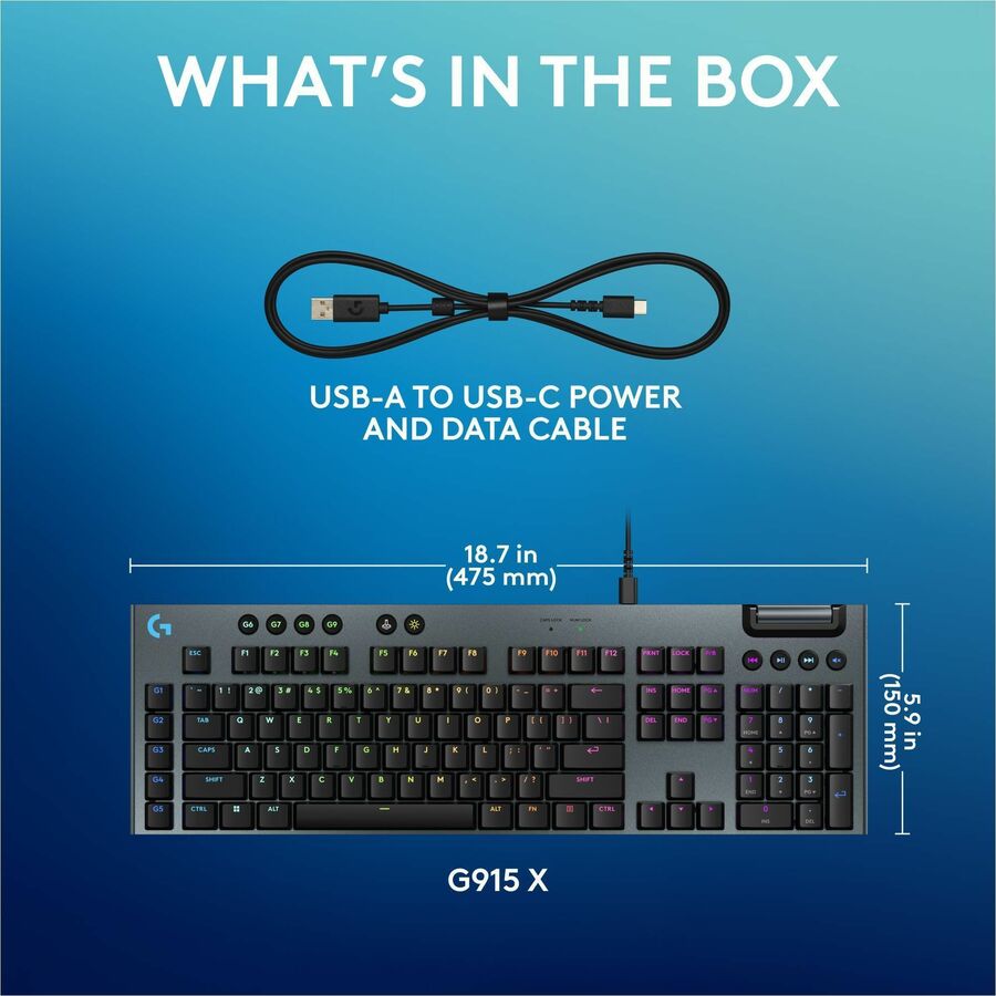 Alternate-Image7 Image for Logitech G915 X Low-Profile Wired Mechanical Gaming Keyboard, Double-Shot PBT Keycaps, Fully Programmable Keys, RGB Lighting, Aluminum Finish, GL Red Linear Switches - PC/Mac
