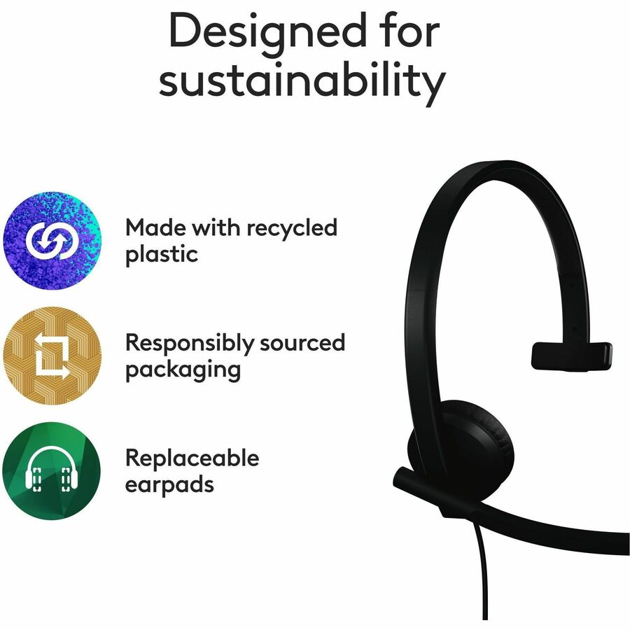 Alternate-Image8 Image for Logitech H570e USB Wired Mono Headset, USB-A, Noise-Canceling Mics, Inline Controls, Certified for Microsoft Teams, Black