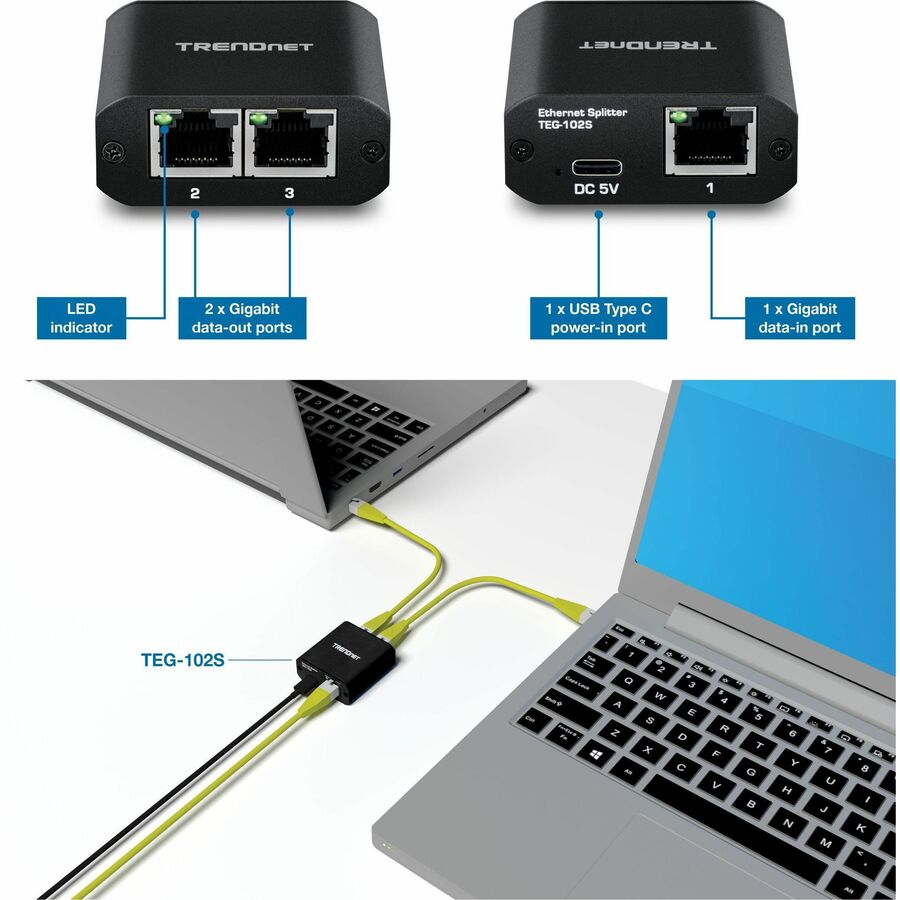 Alternate-Image7 Image for TRENDnet 2-Port Gigabit Splitter with USB Type C Power, TEG-102S, Splits One Network Connection Into Two, Ethernet Splitter, USB Type C Power Cable Included, NDAA & TAA Compliant