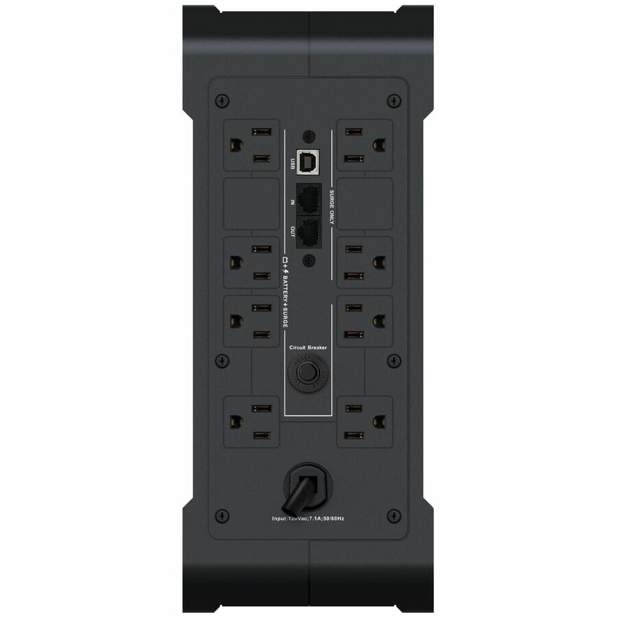 Rear Image for Vertiv PowerUPS 200 Standard Line Interactive PSA6-1000LVT, 1000VA/625W, AVR, USB Charging, Color LCD, User-Replaceable Battery, 8 NEMA Outlets, Three-Year Warranty