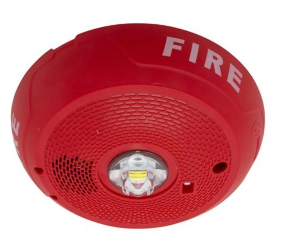 Front view of System Sensor PC2RLED L-Series horn strobe in red, ceiling mount
