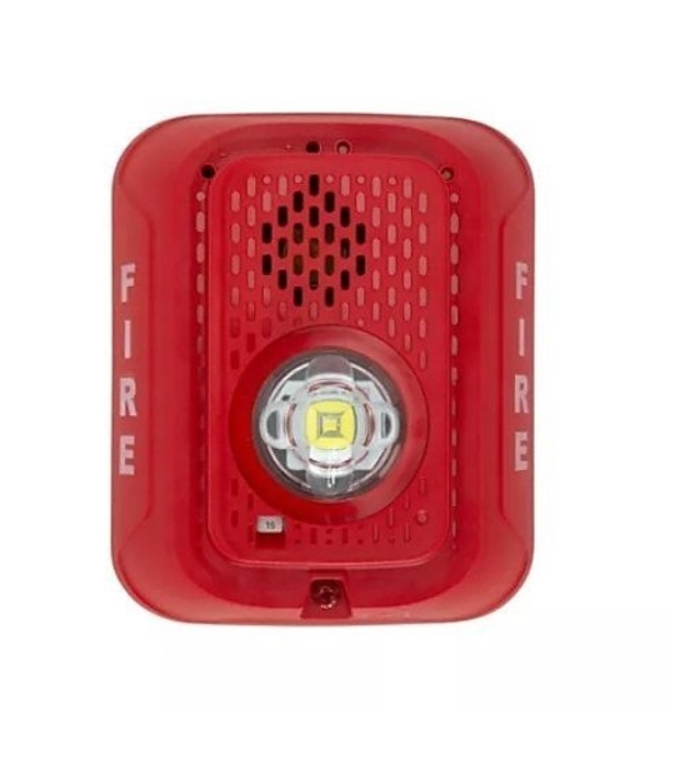 Front view of System Sensor L-Series red horn strobe