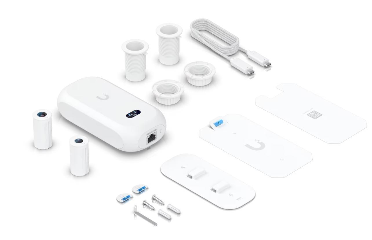 Ubiquiti UniFi Protect Theta Pro package contents including lens module, AI Theta Hub, mounting hardware, and accessories