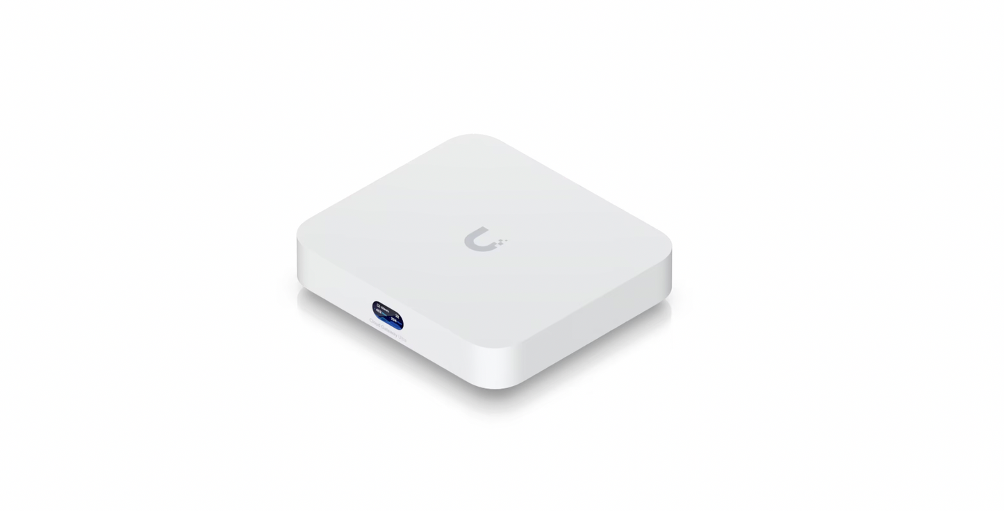 Ubiquiti Cloud Gateway Ultra UCG-Ultra front view with UniFi logo and LED indicators top down view