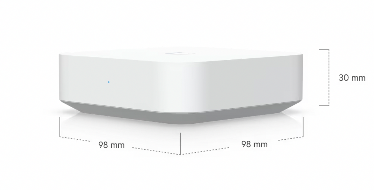 Ubiquiti UXG-Lite UniFi Gateway angled with dimensions