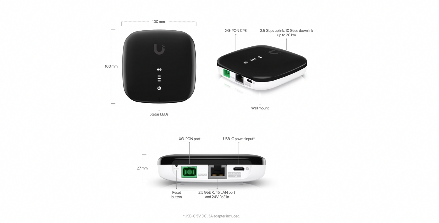 UISP Fiber XG bottom view diagram with labeled ports and dimensions