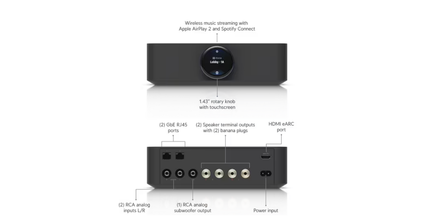 Ubiquiti UniFi PowerAmp front and back view with rotary touchscreen and LED ring and specifications
