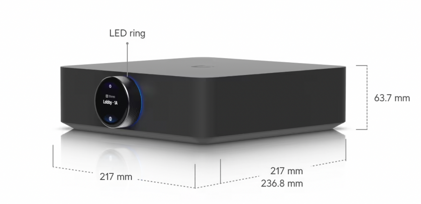Ubiquiti UniFi PowerAmp front view with rotary touchscreen and LED ring with tech specs