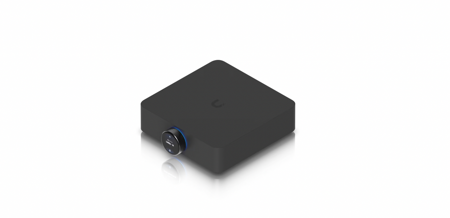 Ubiquiti UniFi PowerAmp top view with rotary touchscreen and LED ring