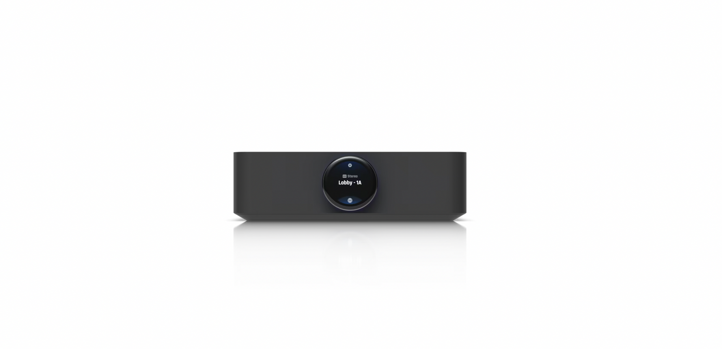Ubiquiti UniFi PowerAmp front view with rotary touchscreen and LED ring
