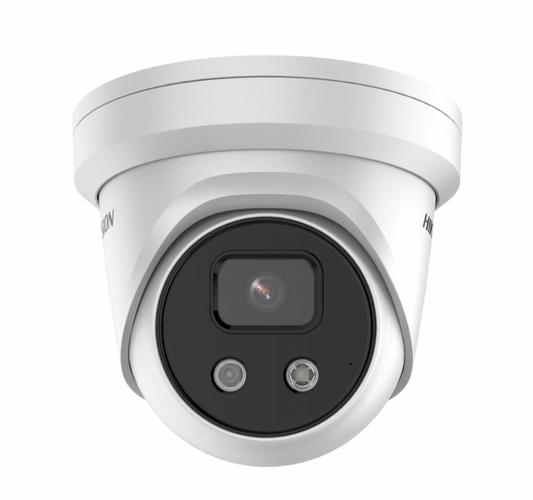 Hikvision 4MP AcuSense Turret IP Camera with 2.8mm lens, IR night vision, and built-in microphone