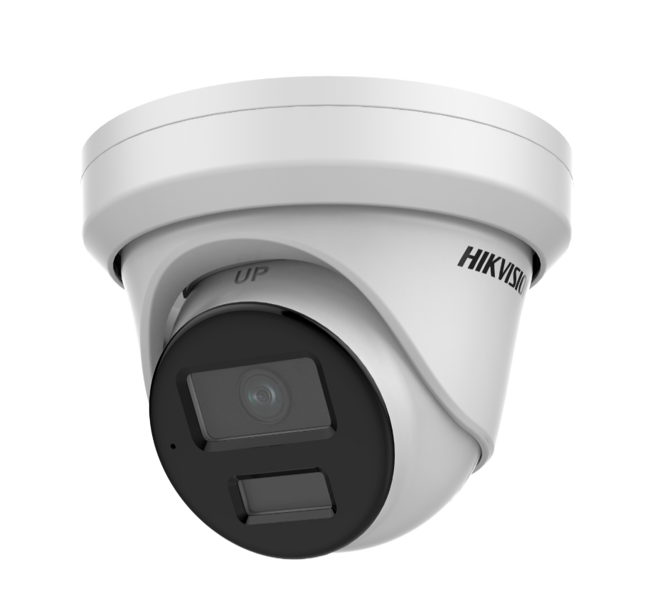 Hikvision 4MP ColorVu Turret Camera with 2.8mm lens, IR night vision, and built-in mic side angle