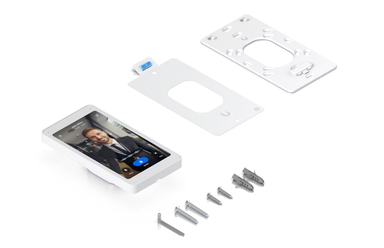 Ubiquiti UA-Intercom-Viewer front view showing 5-inch touchscreen display
in the box setup materials