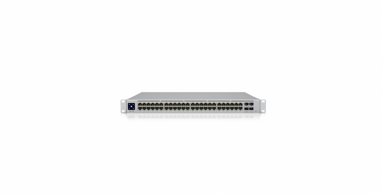 Front-facing view of Ubiquiti USW-PRO-48-POE with rack ears mounted and all ports visible