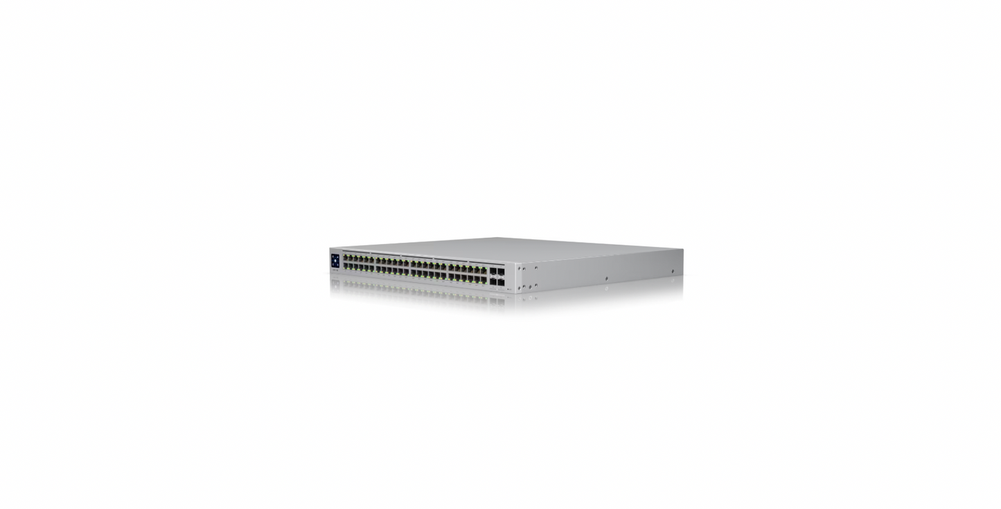 Angled front-left view of USW-PRO-48-POE highlighting port density and aluminum housing
