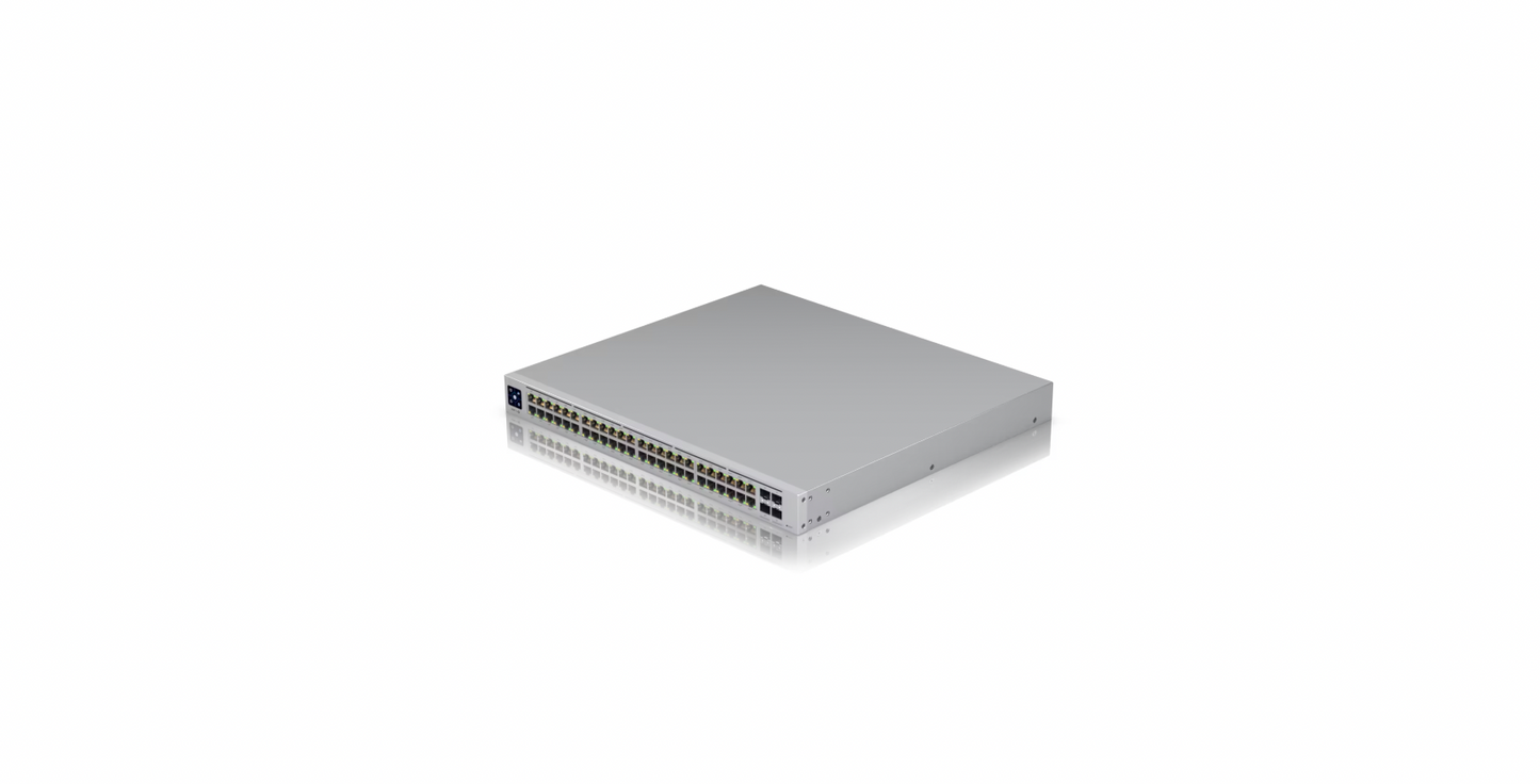 Angled front view of Ubiquiti USW-PRO-48-POE switch showing 48 RJ45 ports and LCM display