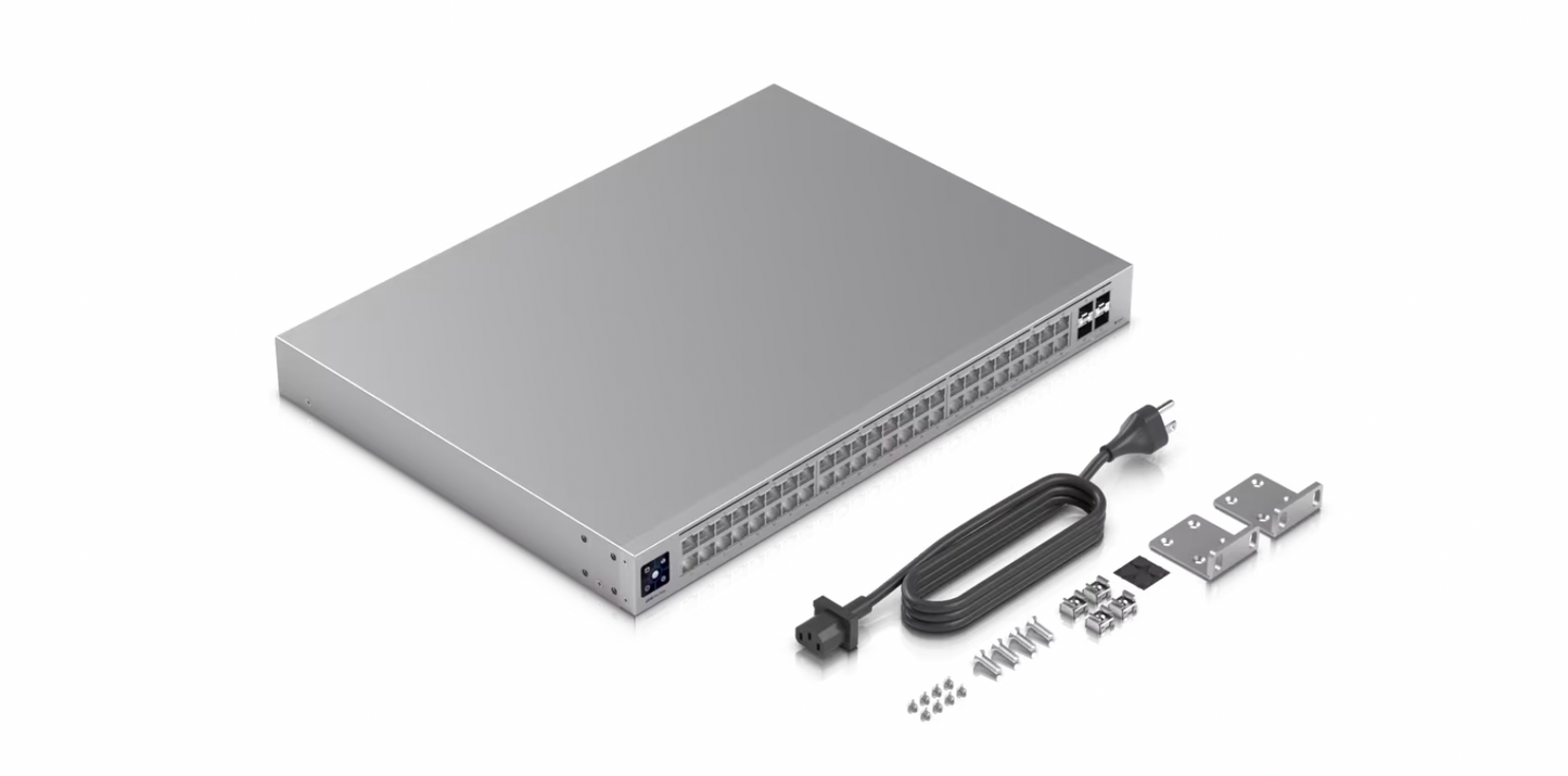Top-down image of the Switch Pro Max 48 next to included mounting hardware and power cable