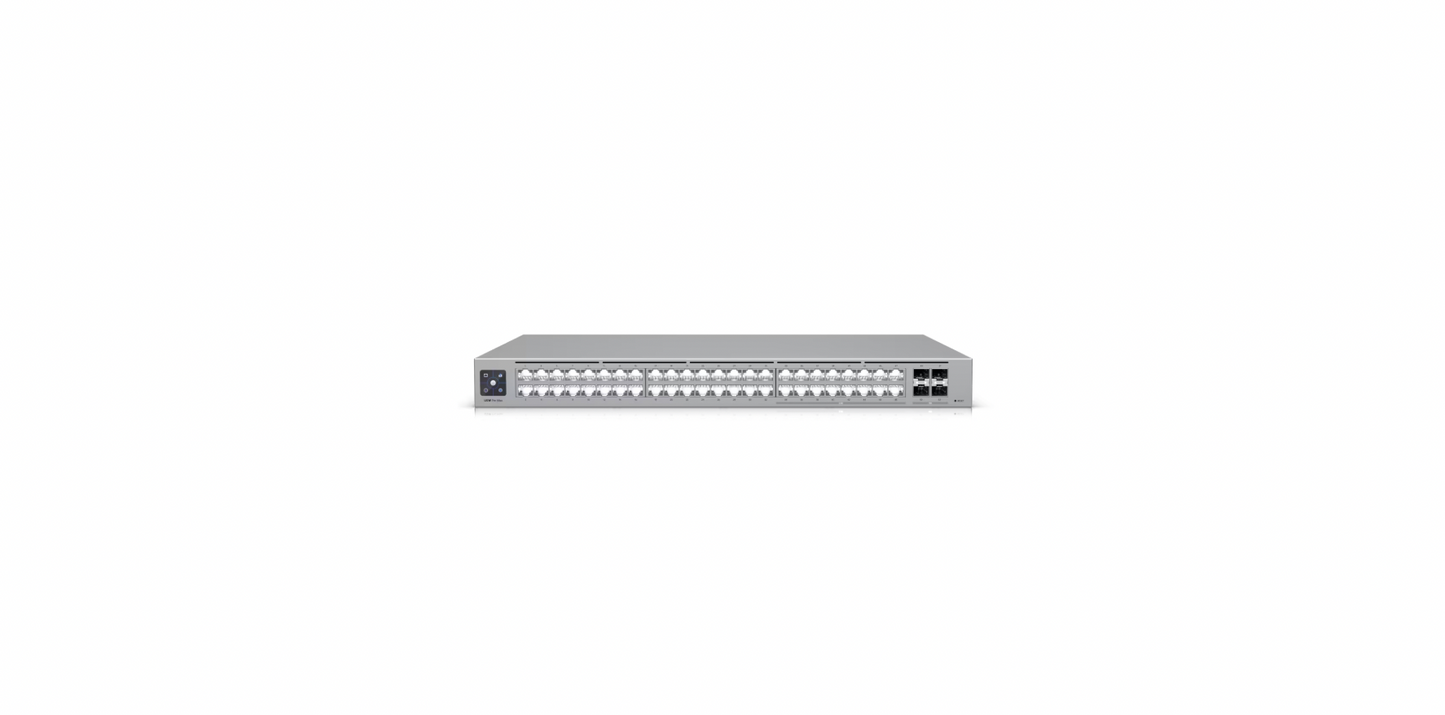 Front-facing image of the fully assembled Switch Pro Max 48 showing all RJ45 and SFP+ ports