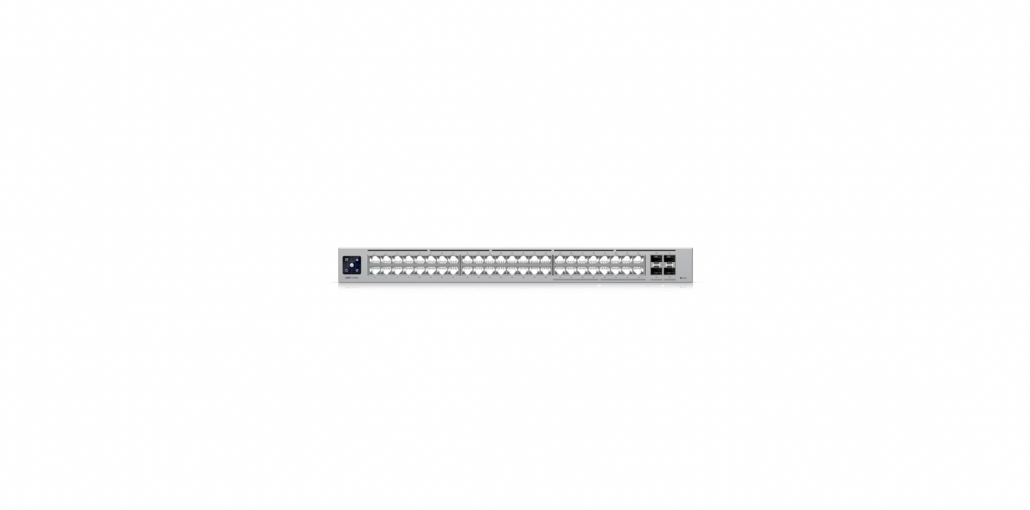 Front-facing image of the fully assembled Switch Pro Max 48 showing all RJ45 and SFP+ ports