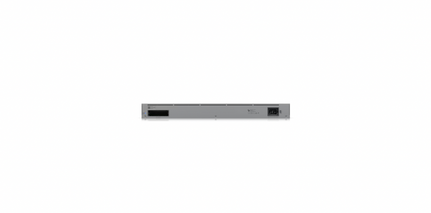 Rear view of the Ubiquiti Switch Pro Max 48 displaying the DC power backup and AC input