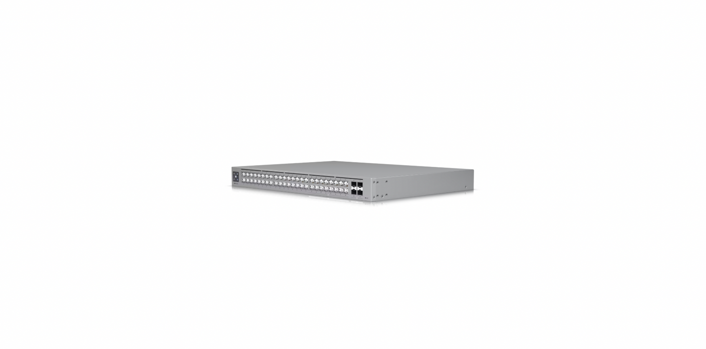 Front angled view of the Ubiquiti Switch Pro Max 48 showcasing its Etherlighting ports and 10G SFP+ interfaces