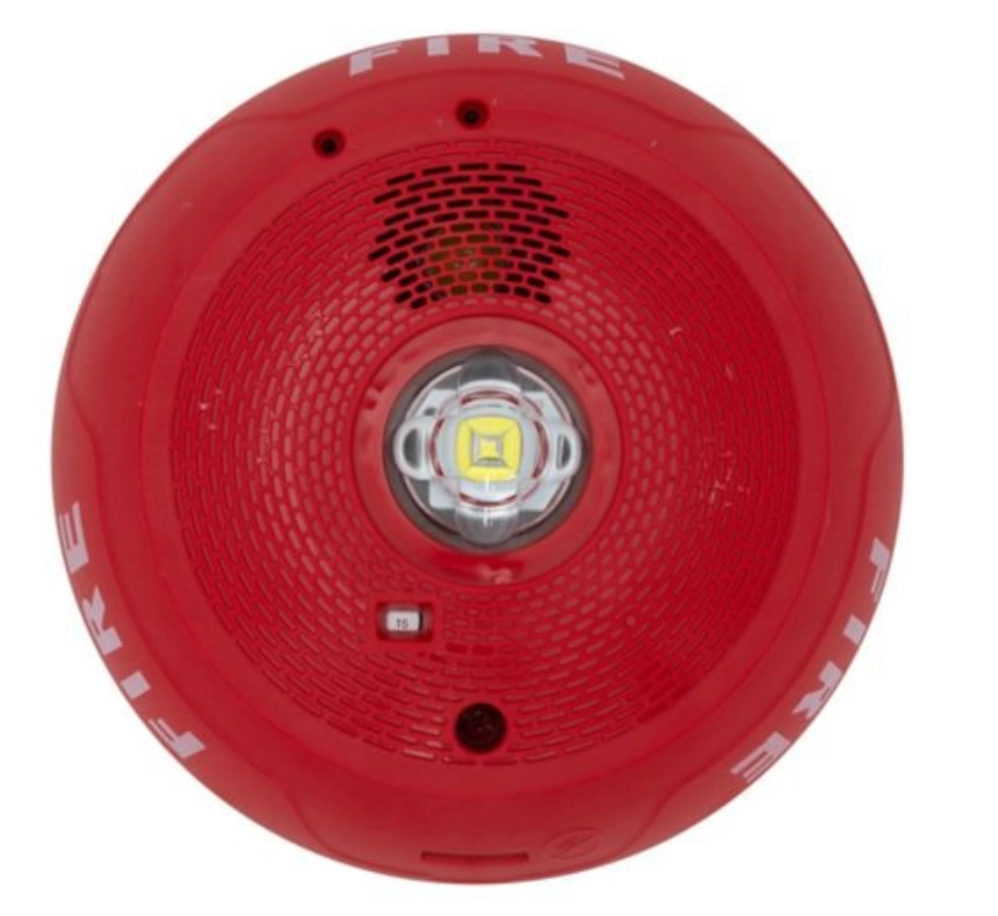 Front view of System Sensor PC2RLED L-Series horn strobe in red, ceiling mount