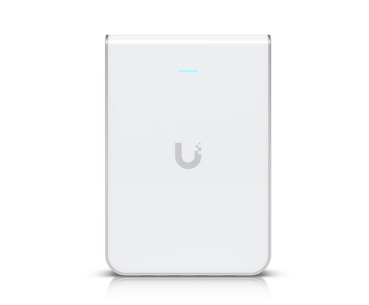 Front view of Ubiquiti U6-IW in-wall access point with LED indicator and sleek white enclosure