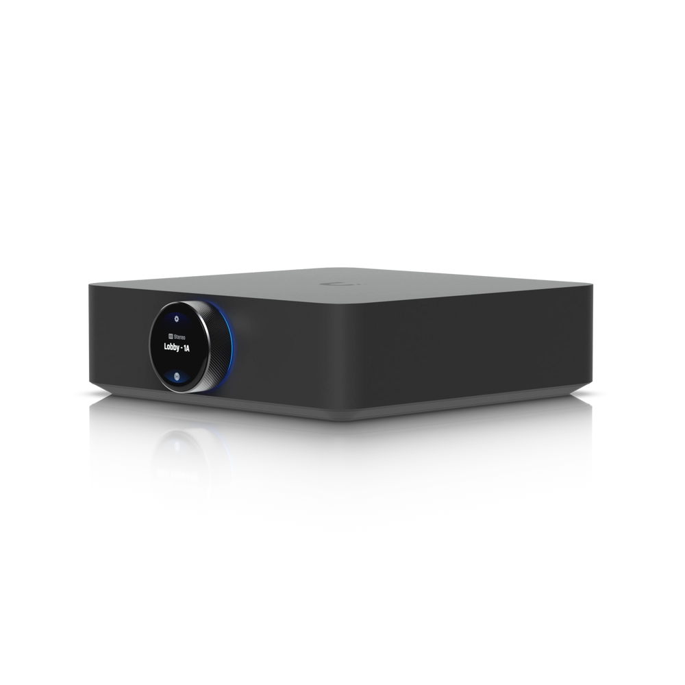 Ubiquiti UniFi PowerAmp front view with rotary touchscreen and LED ring