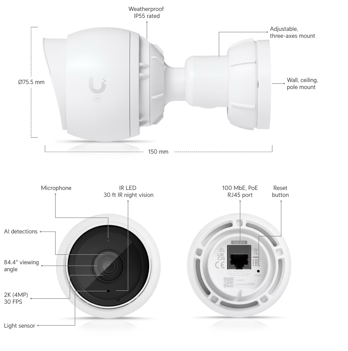 Ubiquiti G5 Bullet camera side front and back view with dimensions