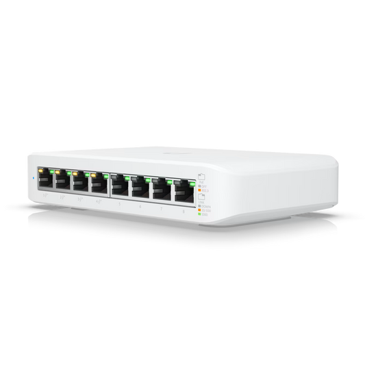 Ubiquiti USW-Lite-8-PoE front view showing 8 Gigabit Ethernet ports with PoE indicators