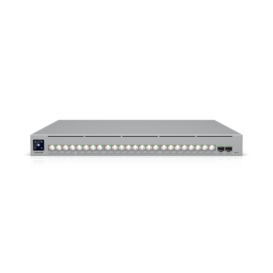 Enterprise Campus 24 PoE ECS-24-PoE front view with 24 PoE+++ ports and uplinks